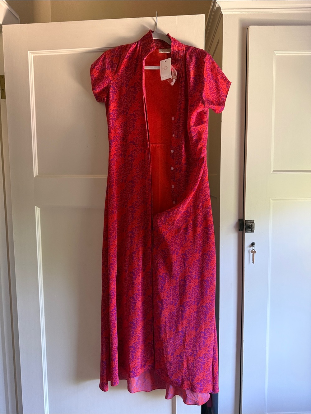 Red Floral Button-Front Maxi Dress with Short Sleeves